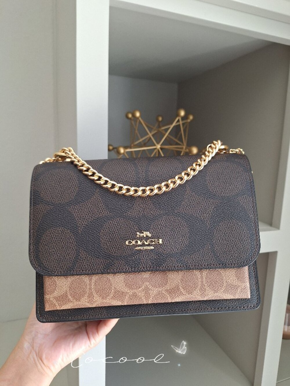 NWT Coach Klare Crossbody Chain Strap Bag Gold Walnut Tan Leather Canvas CY678